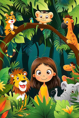 Girl surrounded by animals among the jungle vegetation. Children's illustrations