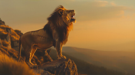 Lion standing on a rock and roaring with a sunset in the background in a realistic style