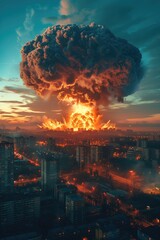 Nuclear bomb explosion over a big city. Atomic blast with big radioactive mushroom cloud