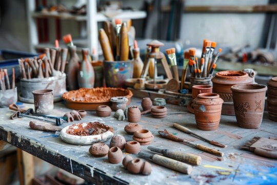 Table with various pots and brushes, suitable for art and craft projects