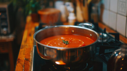 A pan of tomato soup on a stove
