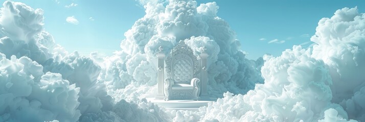 In the middle of white clouds, a white throne. Generative Ai.