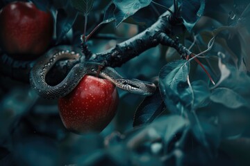 An apple tree with a snake in it next to a crimson apple, symbolizing original sin. Generative Ai.