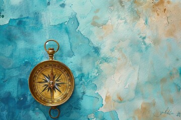 A gold compass hanging on a blue painted wall. Ideal for navigation or travel concepts