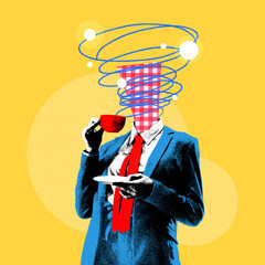 Business person in blue jacket with doodles over head drinking coffee. Confidence, professional growth. Contemporary art collage. Concept of surrealism, business, creativity. Urban magazine style