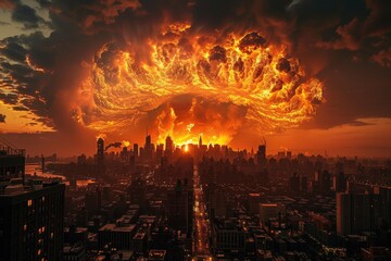 Nuclear bomb explosion over a big city. Atomic blast with big radioactive mushroom cloud