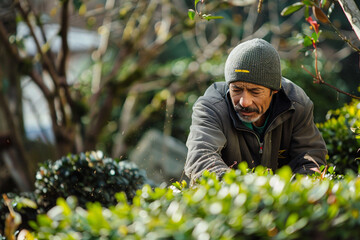 gardener pruning bushes in garden