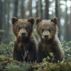 Obraz premium Brown bear cubs in the forest.