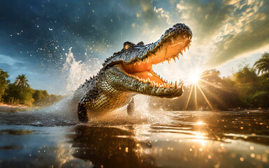 an attacking crocodile with its mouth wide open in a river, AI generated