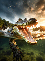 an attacking crocodile with its mouth wide open in a river, AI generated