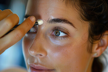 Beauty regimen in action: a model taps cream onto her under-eye area.