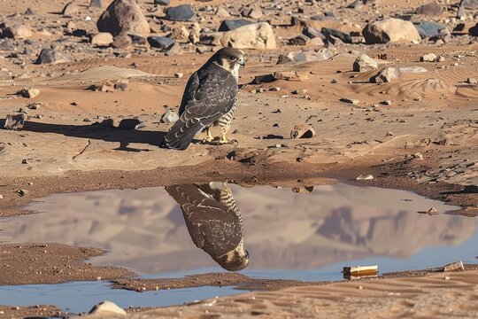 On the brink of a desert opening sits a falcon