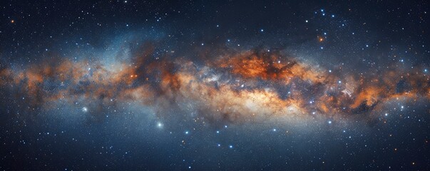A panoramic view of the Milky Way galaxy, with stars twinkling in the dark blue sky.