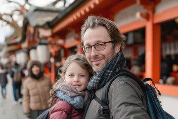 An image of a contented Caucasian family visiting Japan. Generative Ai.