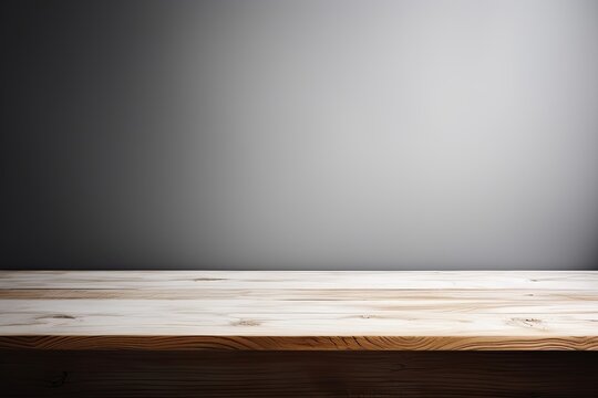 Abstract background with a dark white wall and wooden table top for product presentation, wood floor, minimal concept, low key studio shot
