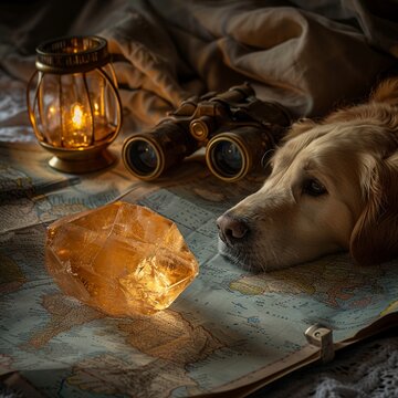 A topaz stone glowing in the sunlight with a golden retriever lying nearby