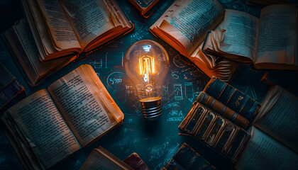 In the center of the image, a glowing light bulb radiates its luminous light, symbolizing ideas and creativity. Surrounding the light bulb, a circle of books is arranged - obrazy, fototapety, plakaty