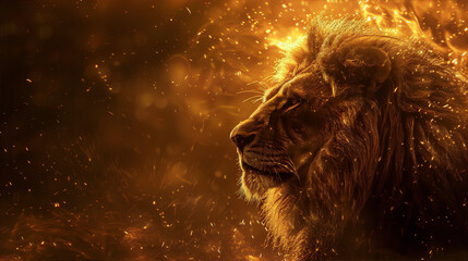 Lion's face in profile with a golden mane against a dark background with glowing embers.