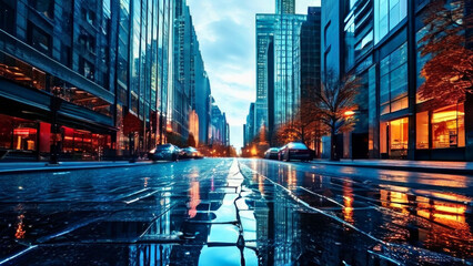 big city street after rain on the background of sunset. the road is reflected. blue - orange colors