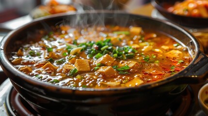 a close-up of a bubbling bowl of Sundubu Jjigae, highlighting the silky tofu and spicy broth with floating vegetables.