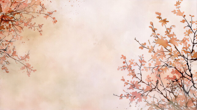 Delicate cherry blossom branches with peachy pink petals on a beige background in the style of traditional Japanese watercolor painting.