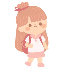 cute students going to school with backpacks. kids going to elementary or middle school. brown hair girl wear pink costume go to Kindergarten School children.vector illustration handdraw. 