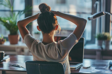 Model showcasing easy-to-follow stretches for a quick break at work.