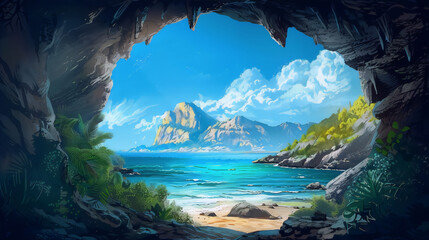 Cave opening to a tropical beach paradise with blue ocean ,white sand and green vegetation in the foreground - obrazy, fototapety, plakaty