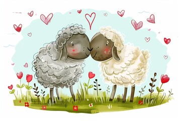 Obraz premium Cute sheeps in love. Cartoon illustration of st valentine's day animals
