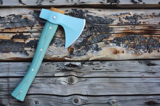 A large blue axe placed on a wooden wall. Suitable for construction or tool concepts