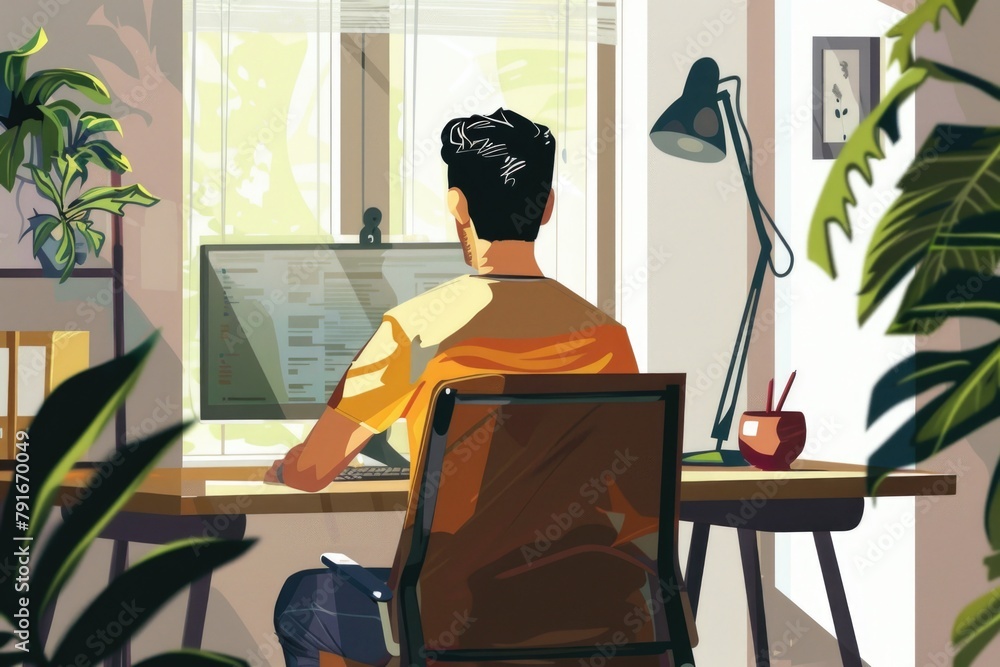 Poster a man sitting at a desk in front of a computer. suitable for office and technology concepts