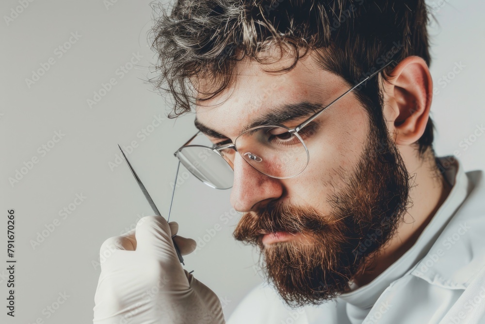 Poster a man in a lab coat holding a pair of scissors. suitable for scientific and educational concepts
