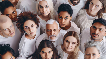 A diverse group of people of all ages and ethnicities are looking up at the camera with serious expressions on their faces against a white background in a photorealistic style.