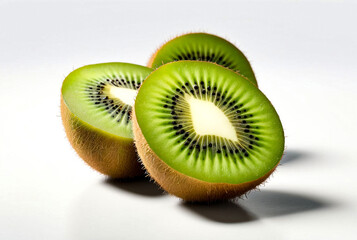 Picture of fresh ripe kiwi at isolated white background. Illustration of green kiwi for design project, poster, banner, logotype. Fresh fruits concept. Copy ad text space. Generative Ai image