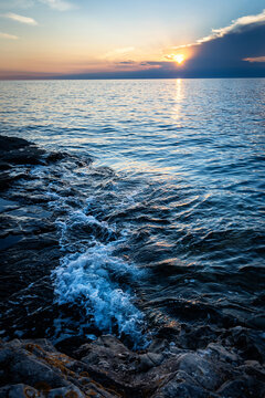Sun set over the blue sea in Croatia.