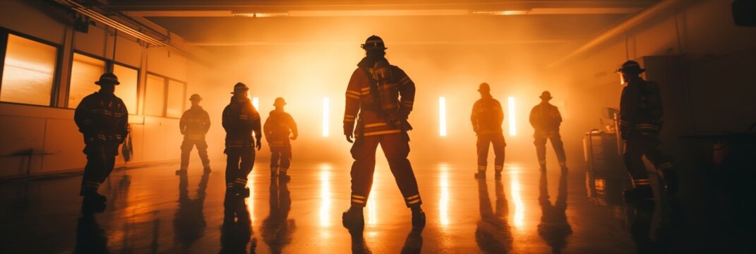 Dramatic image of brave firefighters standing in a smokey, backlighted room preparing for action
