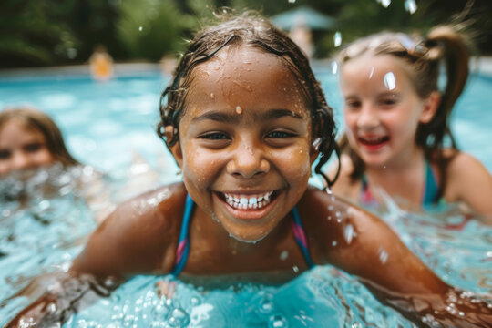 group of diverse children in swimming pool with inflatable ring circles, smiling kids wearing swimwear at outdoor summer pool party portrait