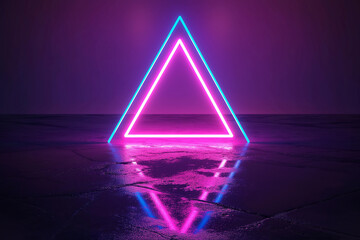 3D rendering of a purple and blue glowing neon light triangle on a black background with a floor reflection.