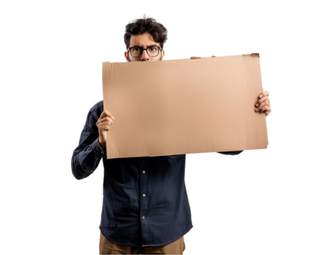 Man holding a blank sign. Young man holding empty blank board for text written
