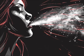 A woman blowing out a lot of smoke on a black background. Great for advertising campaigns