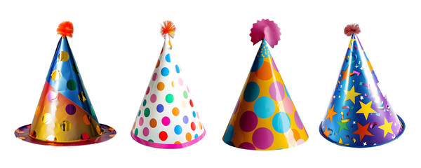 Set of Birthday party hats on transparent background. Party hats isolated on white