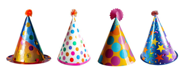Set of Birthday party hats on transparent background. Party hats isolated on white