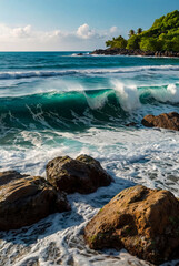 Amazing tropical backgrounds in paradise island beaches of South Africa. An ocean wave breaks on rocky coastline