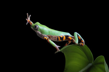Phyllomedusa hypochondrialis climbing on branch, Northern orange-legged leaf frog or tiger-legged monkey frog closeup on leaves 