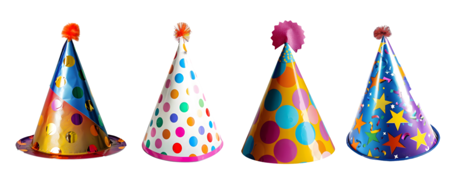 Set of Birthday party hats on transparent background. Party hats isolated on white