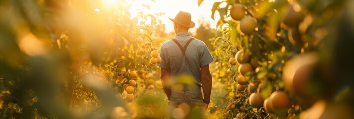 A farmer inspects ripe fruits in the golden hour light, creating a warm, inviting atmosphere in the orchard