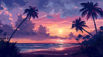 A tranquil beach vista at sunset, with pastel hues painting the sky and silhouettes of palm trees swaying in the gentle breeze, evoking a sense of peace and serenity.