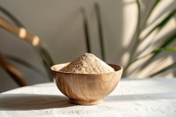 A wooden bowl filled with rice on a table. Suitable for food and kitchen-related concepts