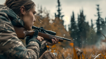 Fototapeta premium Female hunter aiming at flying ducks at sunset.