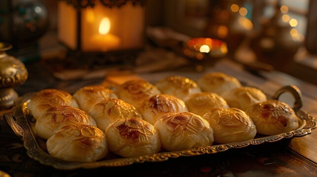  a shot of a tray filled with warm and fluffy Sheermal, a sweet bread.